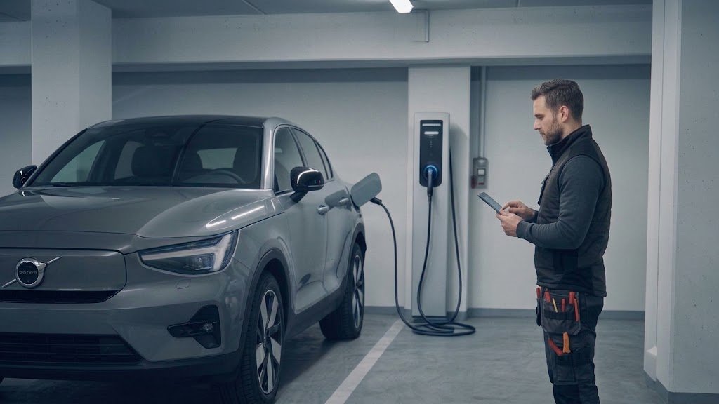 Elektriker vid laddbox för elbil i garage